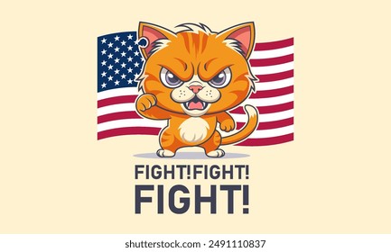 Vector illustration. Red menacing angry dissatisfied cat with a raised paw with a fist. Inscription, fight and USA flag. Torn or shot ear.