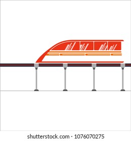 Vector illustration of the red metro train by train tracks. Urban metro electric train. Metro city