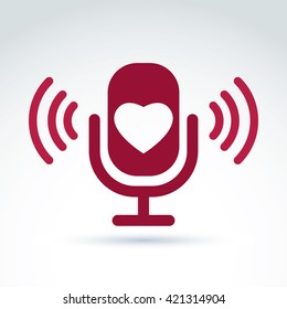 Vector illustration of red microphone with love symbol, broadcast icon. Love song sign.