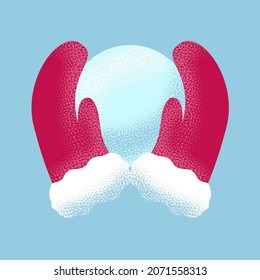 Vector illustration of red mittens holding snow ball. Snow in mittens with noise texture on a blue background. Template, place for text, decoration. Winter, holidays, wheater, winter play, hands