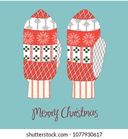 Vector illustration of red mittens with Scandinavian patterns and title "Merry Christmas". Greeting card template