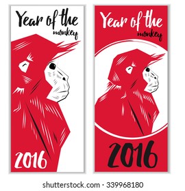 Vector illustration of a red monkey, a symbol of New Year 2016. Vertical Banners with Chinese New Year Monkeys. Vector for design, poster, greeting card or invitation.