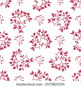 Vector illustration of red monochrome branches with berries seamless pattern. Floral organic background. For textile, wallpaper and packaging. Transparent background