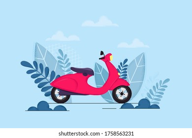Vector illustration of a red moped on a blue background with a design of leaves and branches and with clouds. Stock graphics with a structural brush. Design for cards and invitations, website 