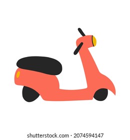 Vector illustration of red motor scooter isolated on white background in flat cartoon hand drawn style. Childish transport icon for nursery, baby apparel, textile and product design, wallpaper
