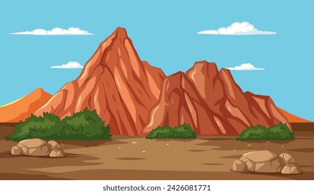 Vector illustration of a red mountain with shrubs