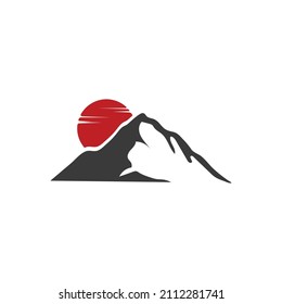 Vector illustration of a red mountain and sun for an icon, symbol or logo. mountain logo