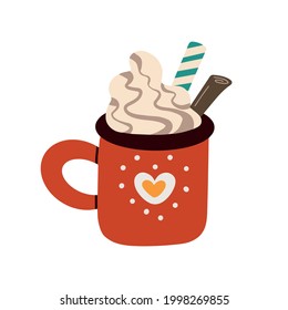 Vector illustration of red mug with delicious hot cocoa with whipped cream served with cinnamon stick and striped straw as traditional Christmas sweet treat
