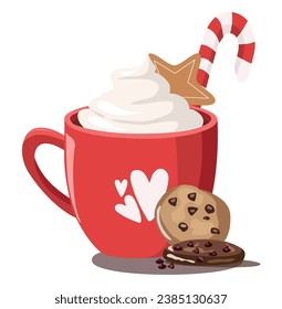 Vector illustration of red mug with delicious hot chocolate and whipped cream