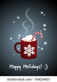 Vector illustration of red mug of hot chocolate with marshmallow and candy canes and "Happy Holiday!" text on gray background. Design for Xmas, New year or winter holidays.