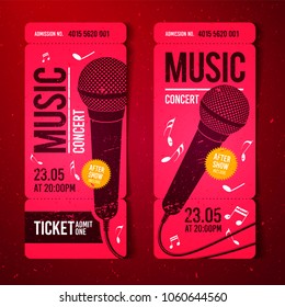 vector illustration red music concert ticket design template with microphone and cool grunge effects in the background