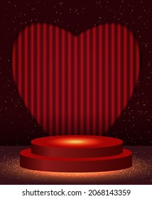 Ilustración vectorial fondo de corazón de neón rojo con podio de estadio brillante para el diseño de San Valentín