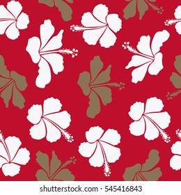 Vector illustration. Red, neutral and beige hibiscus flowers seamless pattern.