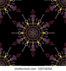 Vector illustration. In red, neutral and orange colors on a black background. Ikat damask seamless pattern background tile.