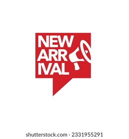 Ilustración del vector nueva plantilla de notificación de llegada roja con cuadro de diálogo y silueta megáfona perfecta para el mercado de etiquetas o banners aislados en fondo blanco
