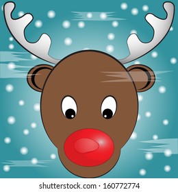 Vector illustration of the red nosed reindeer with his nose against glass.