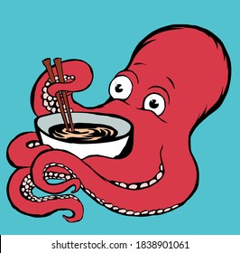 Vector illustration of red octopus with bowl and chopsticks in tentacles