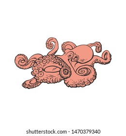 Vector illustration of red octopus in sketch style - marine mollusc with eight arms and tentacles isolated on white background. Sea and ocean animal for seafood market or restaurant design.