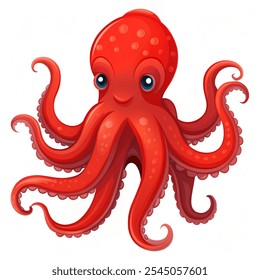 Vector illustration Red octopus with tentacles, cartoon sea and ocean animal isolated with  white background