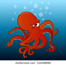 vector illustration of red octopus underwater