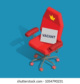 Vector illustration of red office armchair with a sign and text vacant on blue background. Business recruiting and hiring concept. Isometric 3d style design for web, site, advertising, banner, poster