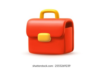 Vector illustration of red office work briefcase on white color background. 3d cartoon style design of business brief case icon. Male work bag for portfolio and document with lock for web banner