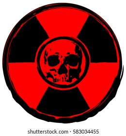 Vector illustration red old dirty round radiation sign and abstract grunge skull