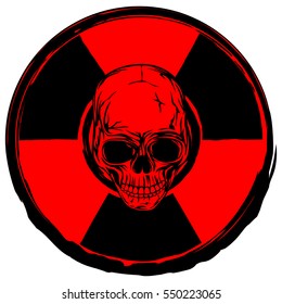 Vector illustration red old round radiation sign and grunge skull