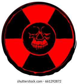 Vector illustration red old round radiation sign and abstract grunge skull