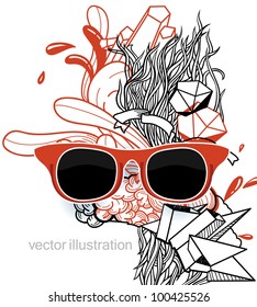 vector illustration of a red  old-fashioned sunglasses on an abstract background
