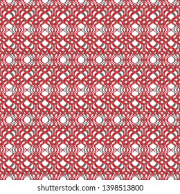 Vector illustration of red, olive and white warped rhombuses, lines and circles in checkered geometric layout. Seamless repeat pattern for gift wrap, textile, fabric, scrapbooking and fashion