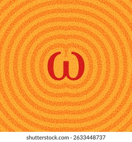 Vector illustration of a red omega icon centered in warm orange concentric ripple waves with a textured circular pattern.