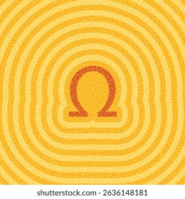 Vector illustration of a red omega icon centered in bright yellow concentric ripple waves with a warm textured design.