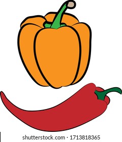 A vector illustration of red and orange chili peppers on white background