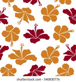 Vector illustration in red and orange colors on a white background. Seamless tropical flower, hibiscus pattern.