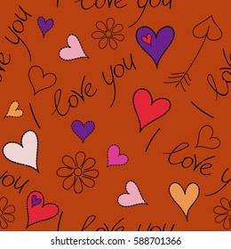 Vector illustration. Red, orange and pink hearts, chamomile flower and I love you text seamless pattern.