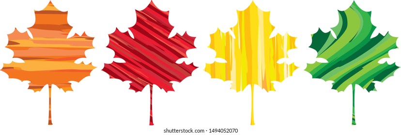 Vector illustration of red, orange yellow and green maple leaves, colorful patterned fall leaves. Autumn leaves isolated on white