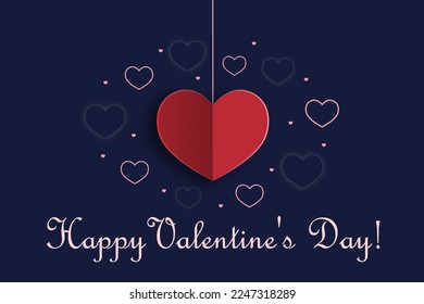Vector illustration. Red origami heart surrounded by hearts on a dark background, Happy Valentine's Day card, background.