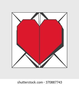 Vector illustration: red origami heart symbol on gift box for Valentine's Day decoration isolated on light gray background