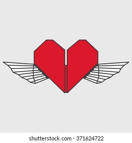Vector illustration: red origami heart symbol with wings for Valentine's Day decoration isolated on light gray background