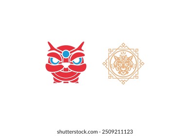 Vector illustration of red owl and geometric tiger designs in minimal style on a white background