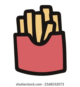 vector illustration red pack of French fries, yellow fried sliced potato cartoon drawing, fast food icon symbol, isolated on white background, suit for kids book