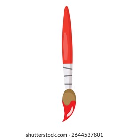 Ilustração vetorial de um pincel vermelho com cerdas mergulhadas em tinta. Um perfeito ícone de ferramenta criativa para temas de arte e design.