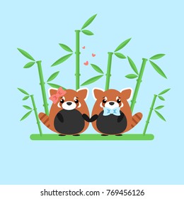 Vector illustration of red panda couple in love with ornate bamboo isolated on blue background. Romantic design elements and heart symbols with animals in flat style for Valentine day