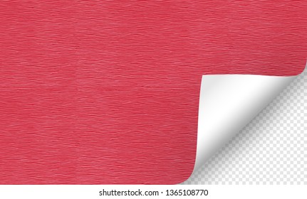 Vector illustration of the red paper blank page with curled corner and shadow on transparent background for advertising and promotional message . Idea for your design and business.