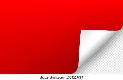 Vector illustration of the red paper blank page with curled corner and shadow on transparent background for advertising and promotional message . Idea for your design and business.
