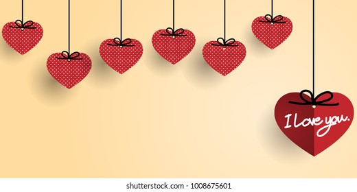 Vector illustration of red paper hearts cut hanging on yellow background. Concept of love and valentine day, paper art style.
