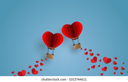 Vector illustration of  red paper hearts falling from hot air balloon on blue sky background. Concept of love and valentine day, paper art style.