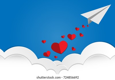 Vector illustration of  red paper hearts falling from paper plane on blue sky and white cloud background. Concept of love and valentine day, paper art style.