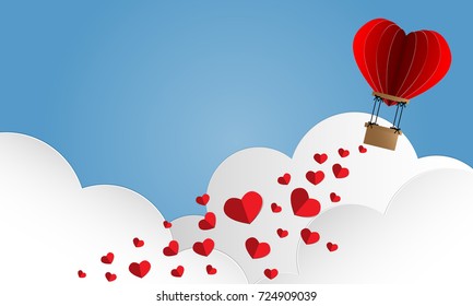 Vector illustration of  red paper hearts falling from hot air balloon on blue sky and white clouds background. Concept of love and valentine day, paper art style.